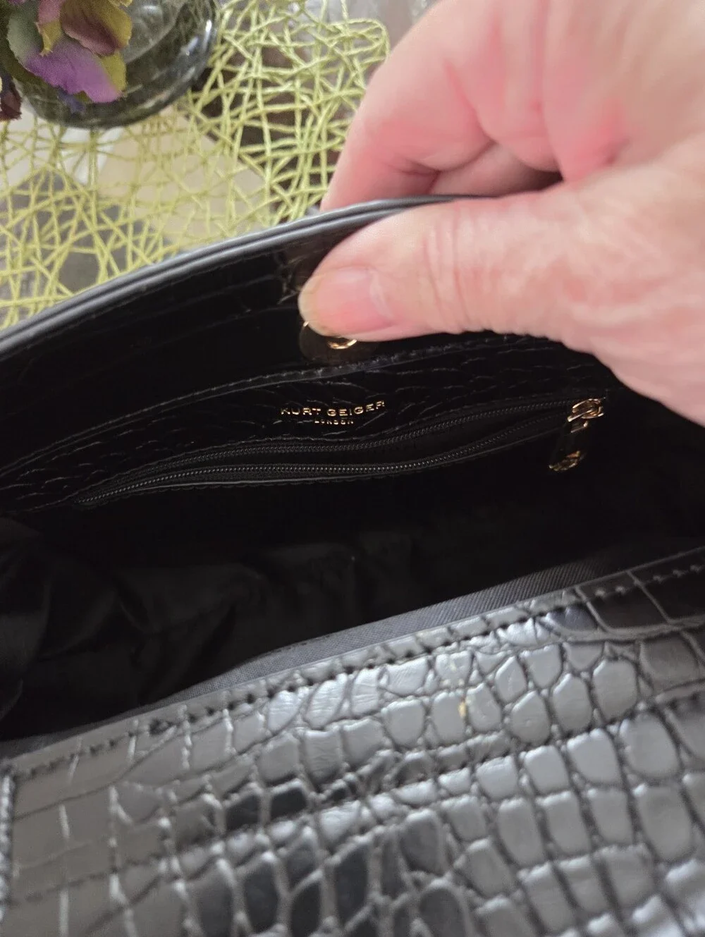 Kurt Geiger Black Croc-Embossed Satchel with Gold Hardware